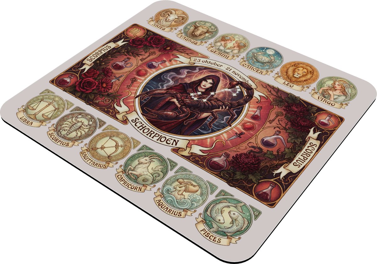 Muismat Schorpioen (Scorpio) Sterrenbeeld - 23 Okt t/m 21 Nov - Mysterieus Astrologie Bureau Accessoire - Zodiac Series - Verjaardagscadeau voor haar: Vrouw Vriendin & Collega - Art Nouveau Design met Dieprood & Magie - Horoscoop Decoratie