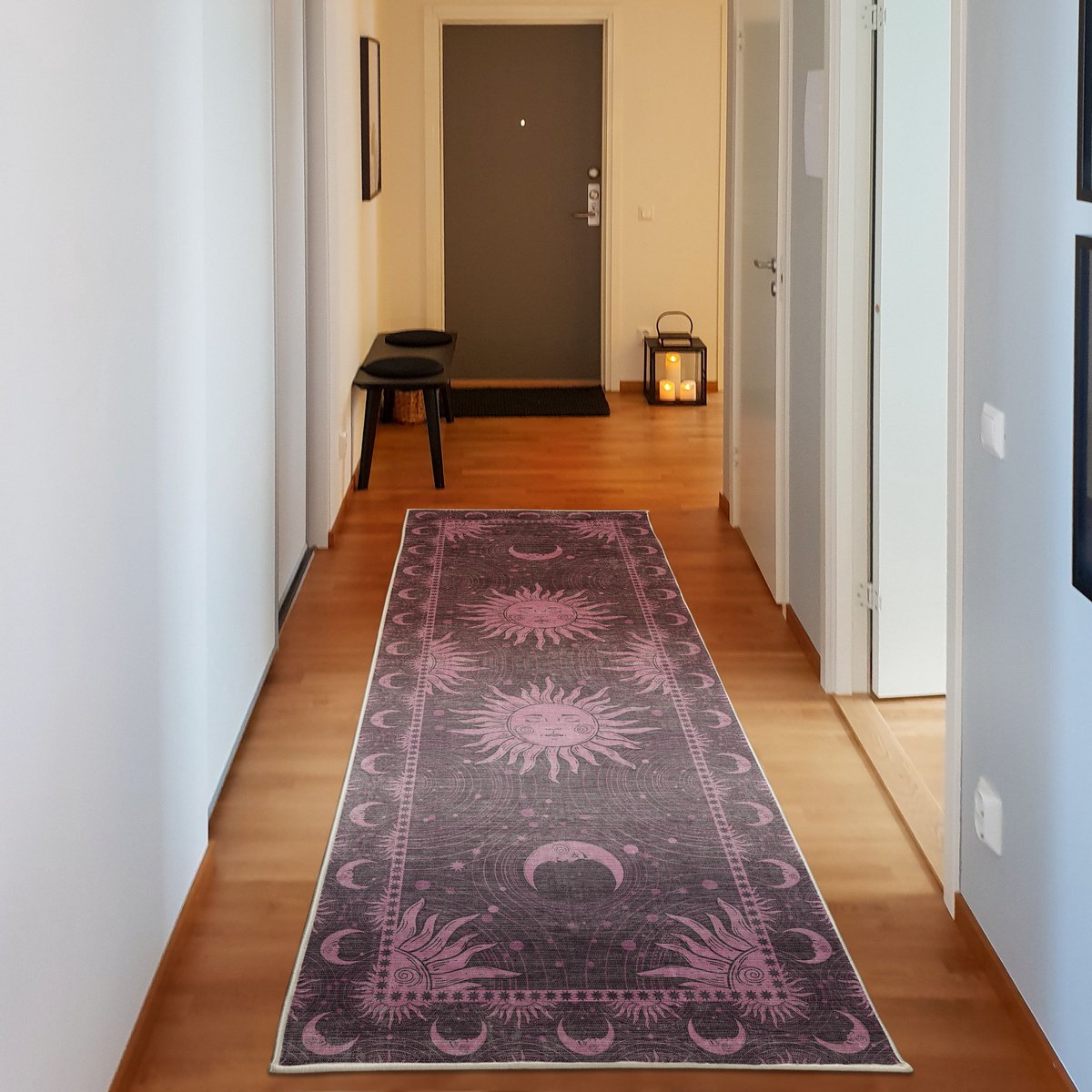 ABAKUHAUS Vloerkleed - Woonkamer Tapijt – zon en maan – 76 x 229 cm – roze meerkleurig