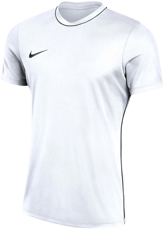 Wit Nike Dri-FIT Park SS sportshirt met zwarte bies langs de zijkant en kraag, en een zwart Nike logo op de borst.