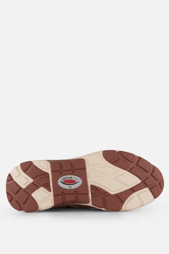 Onderkant van een roze Gabor Rollingsoft sneaker met beige en bruine zool.
