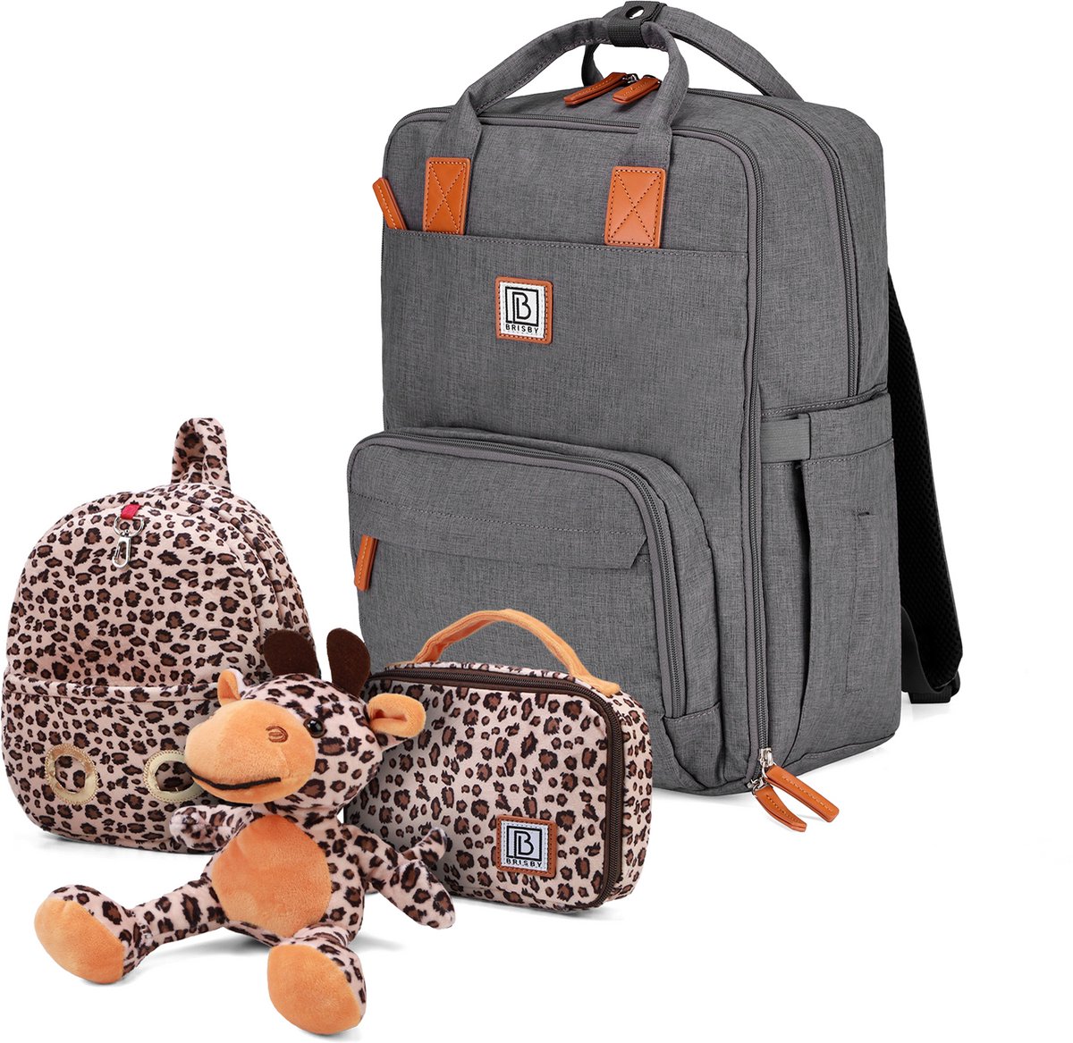 Brisby Luiertas Original - Donkergrijs - Kinderrugzak - 1.5L kinderlunchtas Giraffe