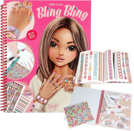 De voorkant van een TOPModel Bling Bling DIY knutselboek met een tekening van een meisje met bruin haar en de tekst 'Fergie'.