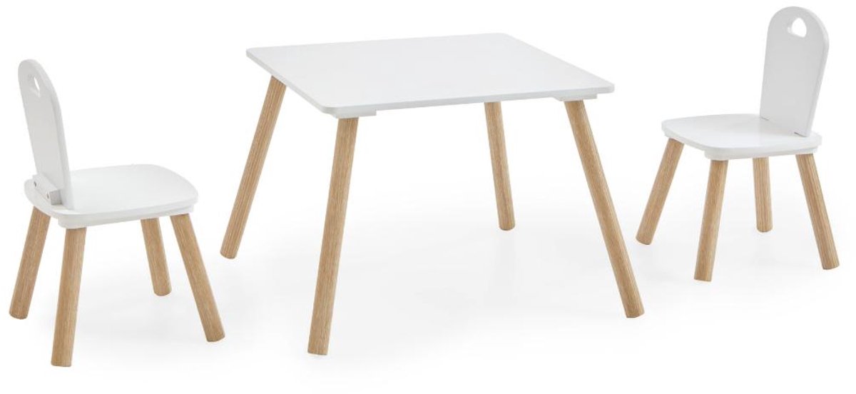 Karin babykamer 1 tafel, 2 stoelen wit, den naturel.