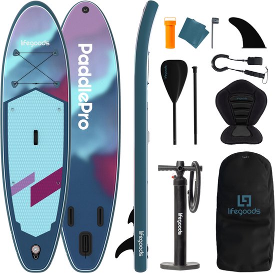 LifeGoods SUP Board Allround Compact - met Zitje - 120 KG Draagkracht - 300 x 76 cm - Opblaasbaar - Compleet SUP pakket - Blauw/Paars