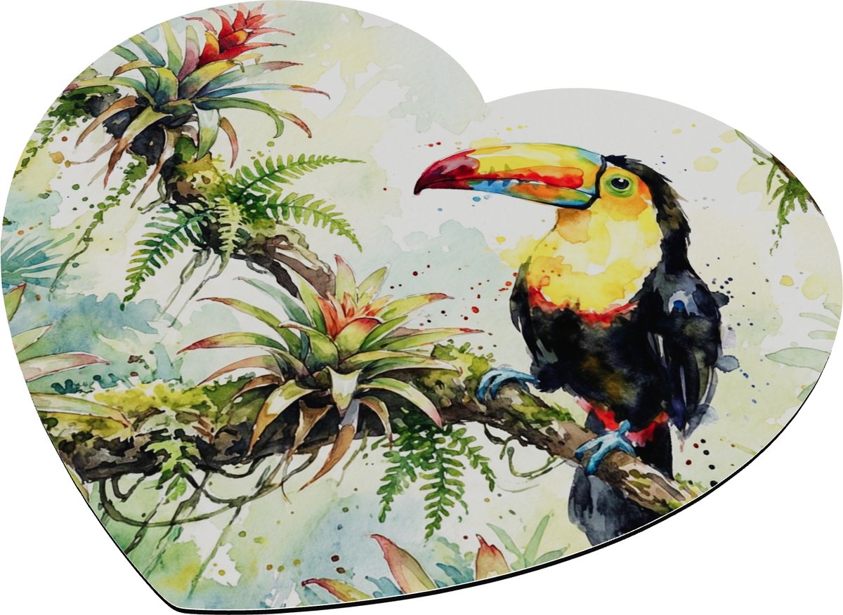 Muismat Hartvorm Toekan - Kleurrijke Tropische Vogel tussen Bromelia en Varens - Aquarel Series - Amazoneregenwoud Natuur Kunst - Exotisch Bureau Accessoire - Vrolijk Cadeau voor haar: Vriendin & Collega - Handgeschilderde Look - Geel & Groen Design