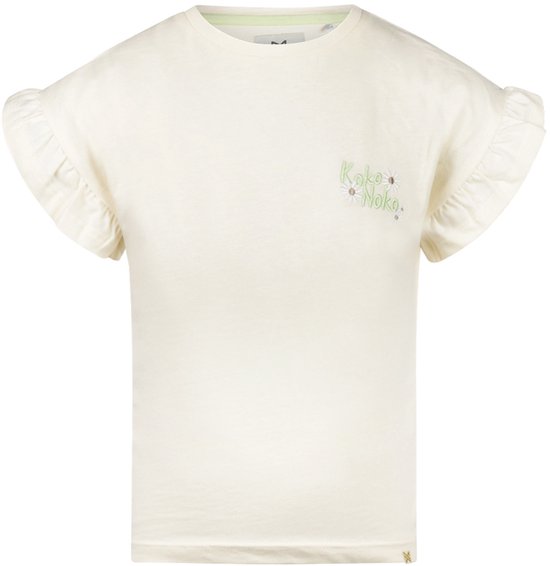 Een off-white T-shirt met korte ruchesmouwen en een geborduurde tekst 'Koko Noko' met bloemen.