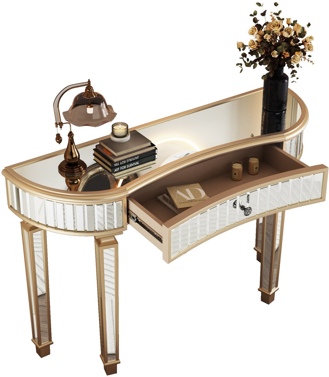 Merax Halfronde Sidetable - Spiegelconsole 120x38x78 cm – Glas en Houtvezelplaat – Lade met Knop – Goud met Zilver – Wandtafel