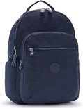 Sac à dos Kipling bleu foncé avec porte-clés singe gris, poche avant zippée et poches latérales.