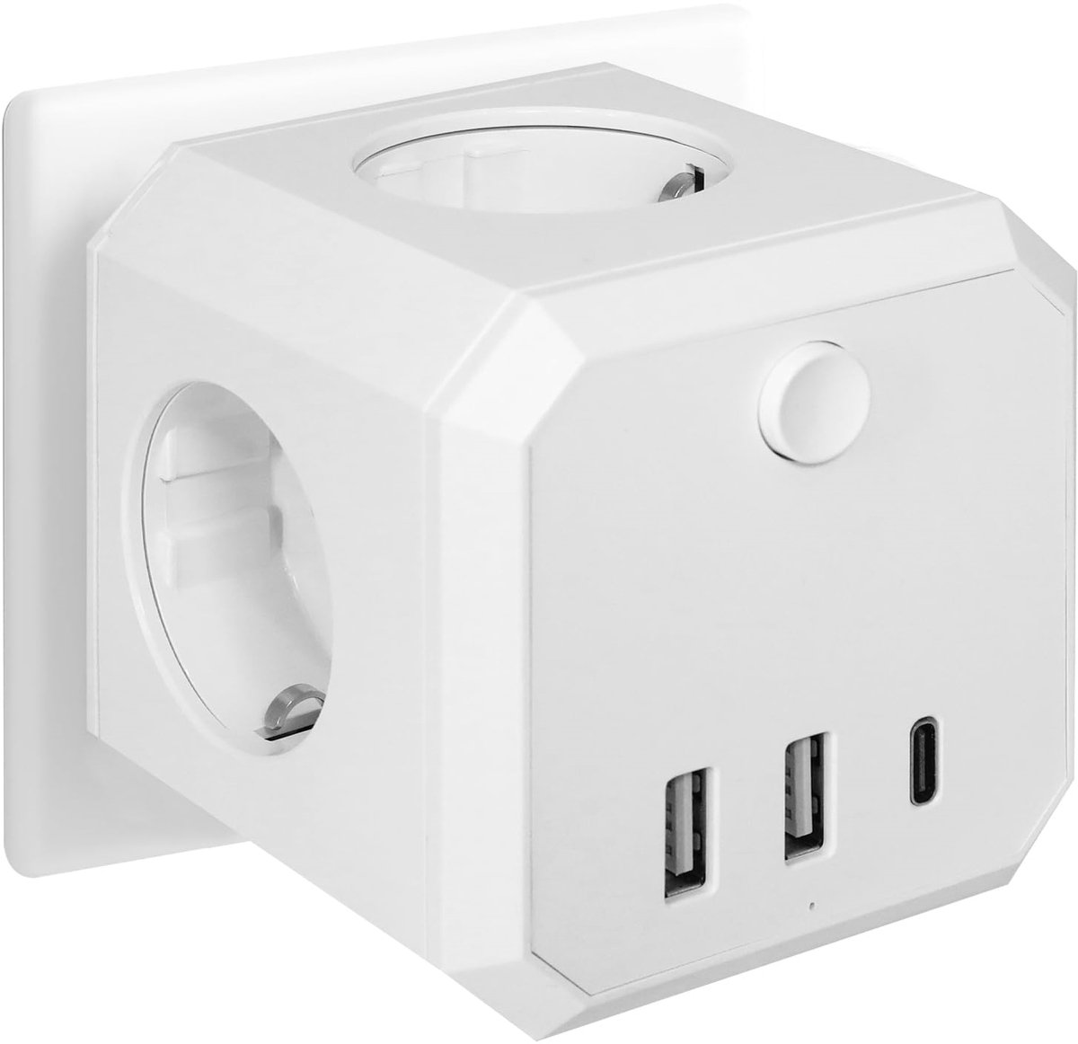 longziming -Stekkerdoos Kubus met USB-C & 2x USB-A – 4 Stopcontacten – 4000W 16A – Zonder Kabel – Met Aan/Uit-Schakelaar – Compacte Wandstekker