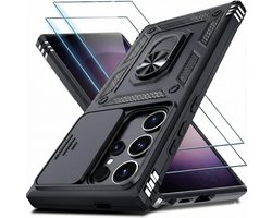 Casemania Housse et Verre Adapté pour Samsung Galaxy S26 Ultra - Zwart - Anti-Choc Hybrid Armor Back Cover - Étui avec Kickstand Ring et Protection Caméra + 2x Protecteur d'écran en Verre Trempé
