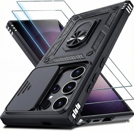 Casemania Housse et Verre Adapté pour Samsung Galaxy S26 Ultra - Zwart - Anti-Choc Hybrid Armor Back Cover - Étui avec Kickstand Ring et Protection Caméra + 2x Protecteur d'écran en Verre Trempé
