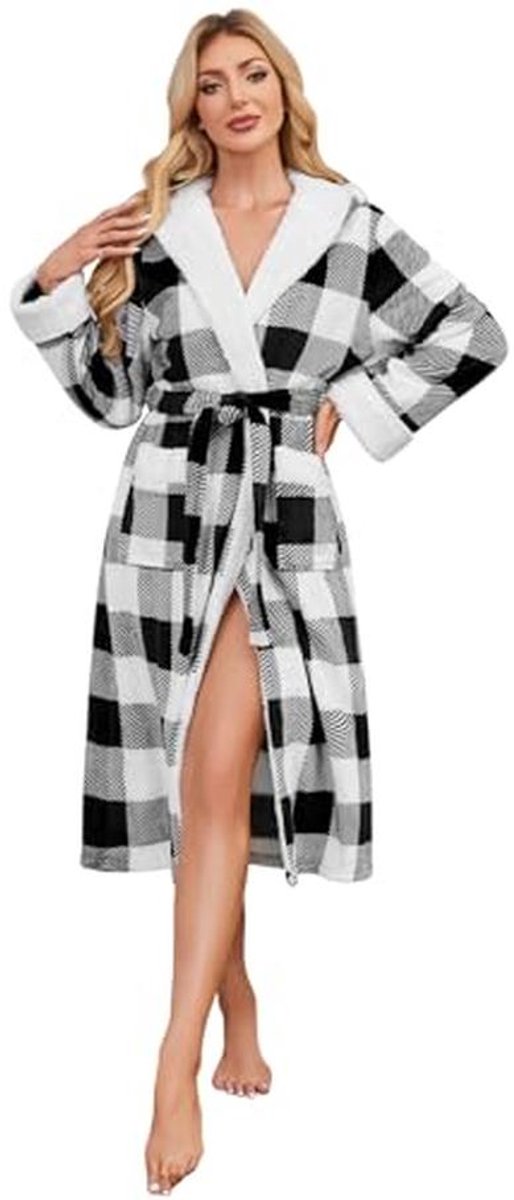 Lange flanellen ochtendjas voor dames - pluche fleece badjas met capuchon - warme winterbadjas - zachte loungewear met tartan geruit patroon
