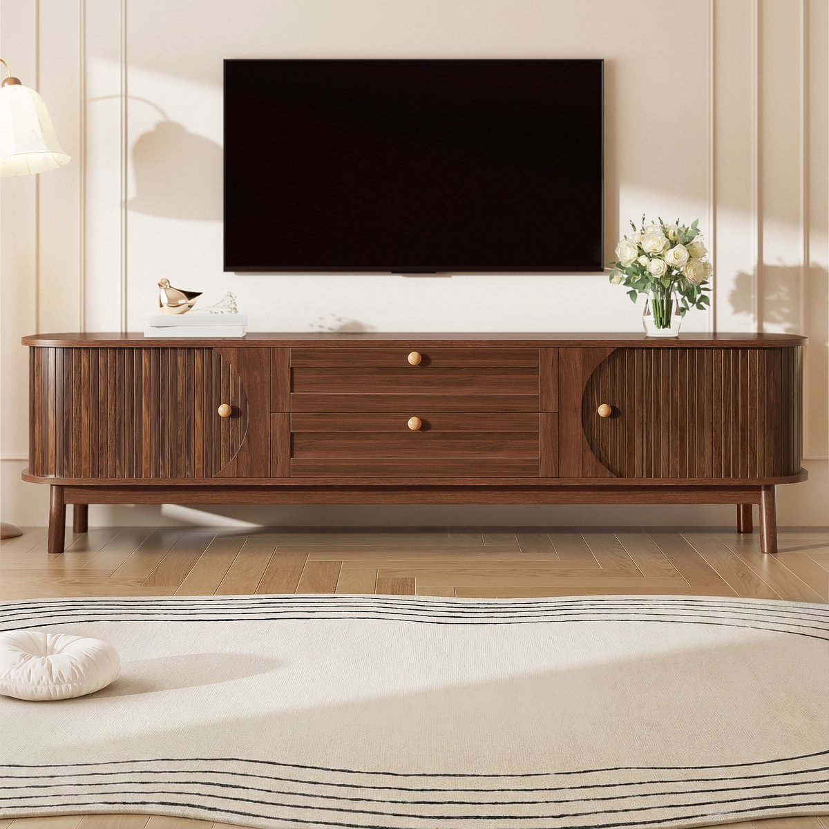 Wishdor Tv-Meubel Met Schuifdeuren En Lades - MDF - Nootkleur - 170 X 46 X 39,5 Cm