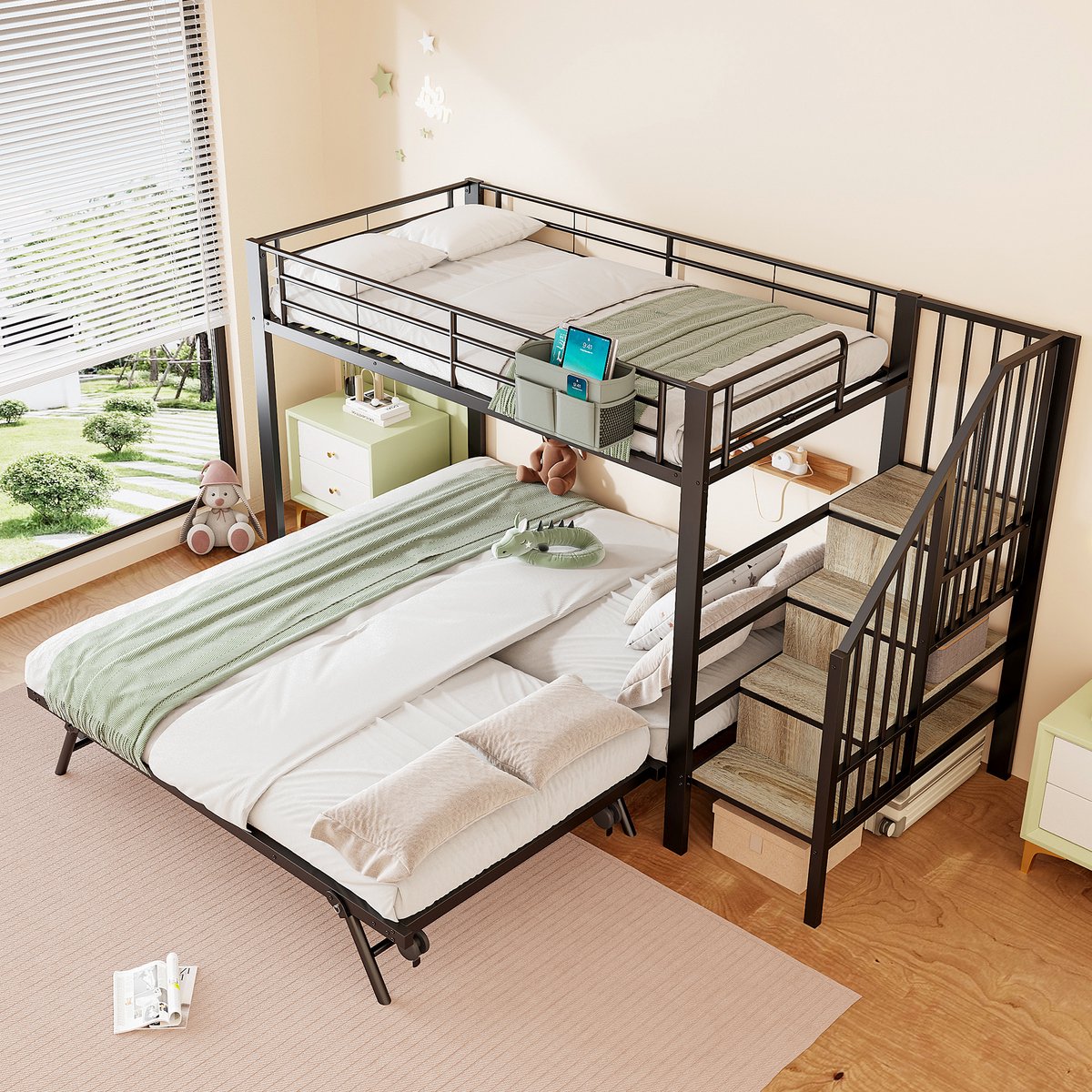 Stapelbed 90 x 200 cm en 180 x 200 cm - met uitschuifbaar bed - met opbergruimte - zonder matras - zwart
