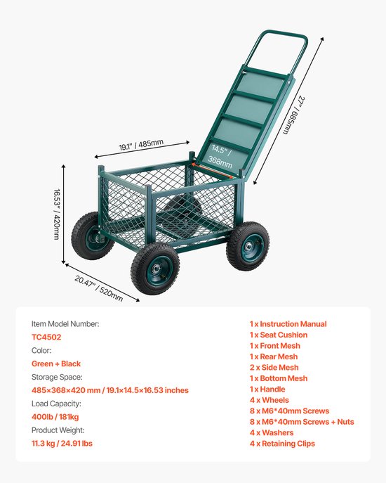 VEVOR Tuinrolstoel Rolbare tuinstoel 180 kg Tuinkar Opbergruimte 76x52x44mm van Merkloos	 — afbeelding 5
