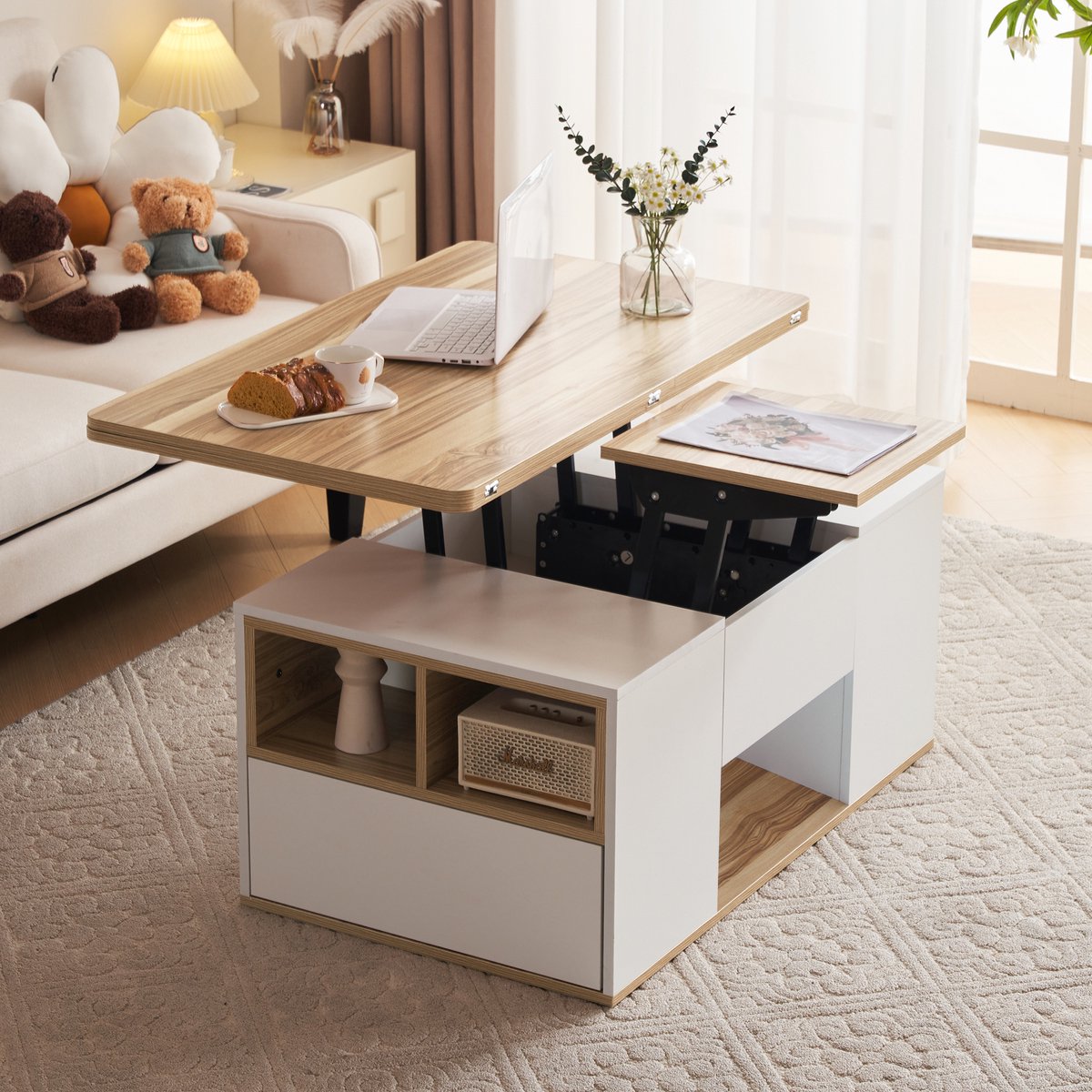 REDOM Salontafel met Opklapbaar Blad - Lift-top Salontafel met Lades & Opbergruimte - Wit / Eiken - 100x51x47 cm