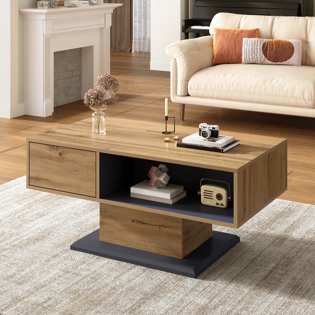 REDOM Salontafel 100x50x46,5 cm van spaanplaat, met dubbelzijdige open vakken Grijs, Hout