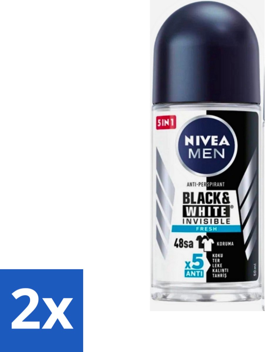 2 x Nivea - Men - Deodorant - Roller - Black & White Invisible Fresh - 50 ml - NIVEA MEN Deodorant Roller - Anti-vlekken - 48 Uur Bescherming - Zweetbescherming - Geur