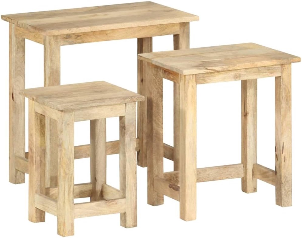 Tafelset Massief Hout - Bijzettafels Stapelbaar - Woonkamer Decoratie - Unieke Houtnerf - 3 Delig Set - Natuurlijk Bruin
