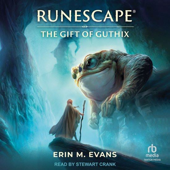 Een personage in een mantel staat op een rots en kijkt naar een grote kikkerachtige met blauwe ogen. Runescape: The Gift of Guthix.