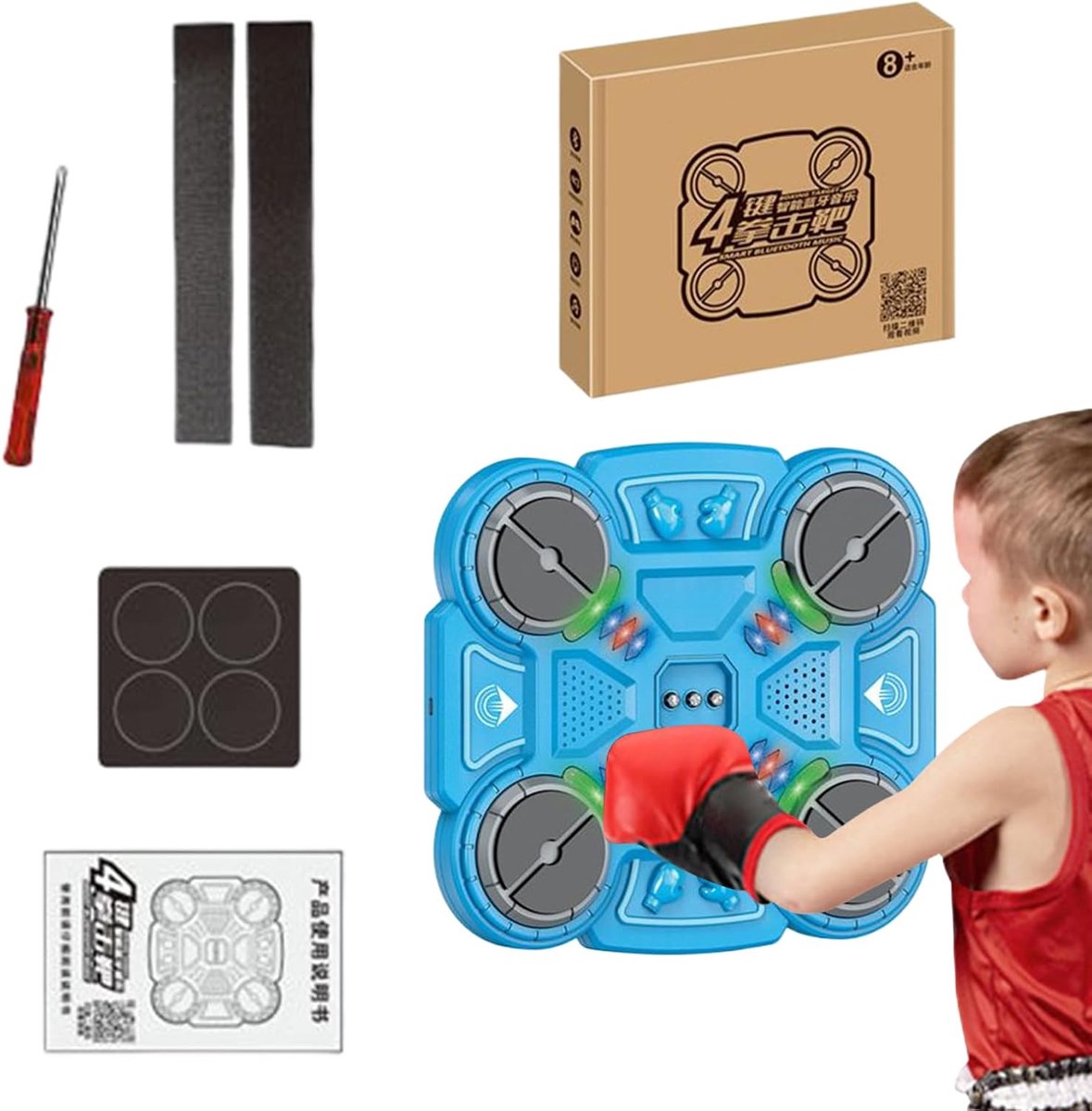 Boksmuziekmachine - Wandtrainer Fitness - Interactieve Oefening - Draadloos Wandmontage - 30 x 26 cm - Blauw