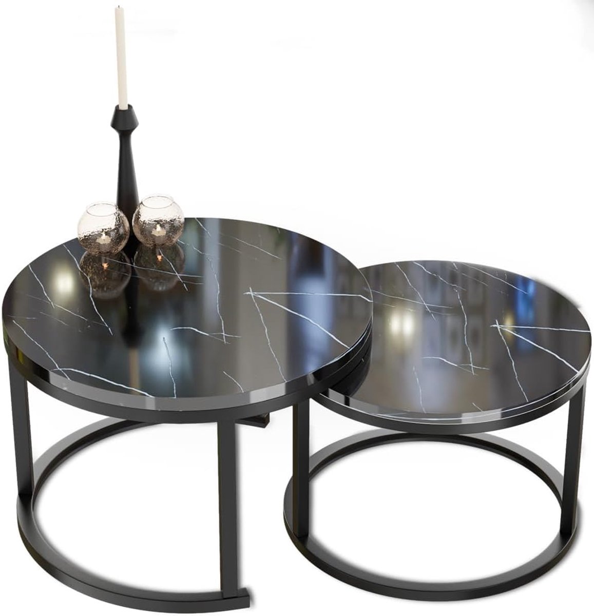 Salontafel Set - Ronde Tafels - Woonkamer Decoratie - Marmerlook Design - Ø 70cm Ø 50cm -