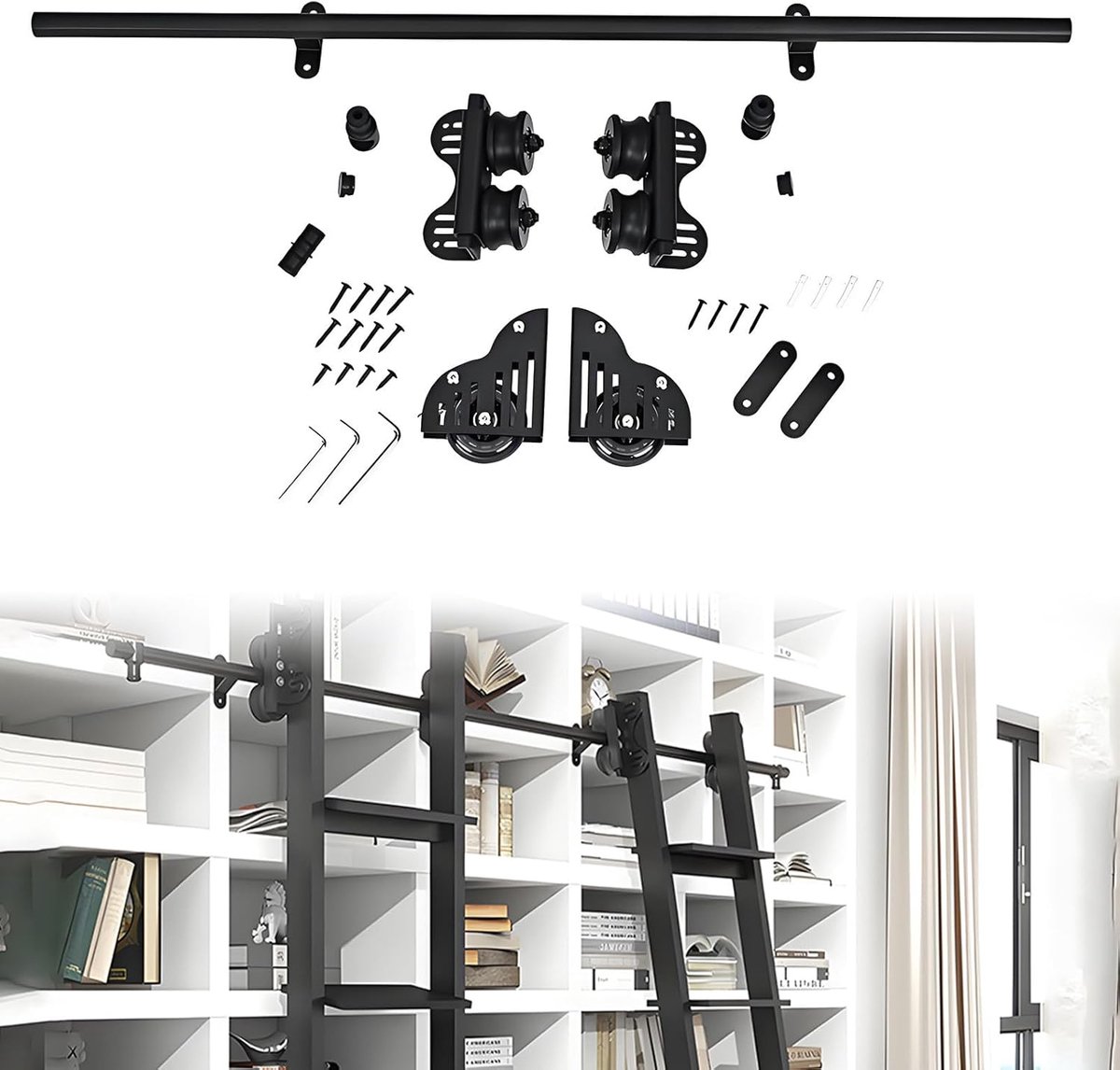 Verrijdbare Ladder Set - Boekenplank Ladder - Toegang op Hoogte - Soepel Schuifsysteem - Tot 6 Meter - Zwart