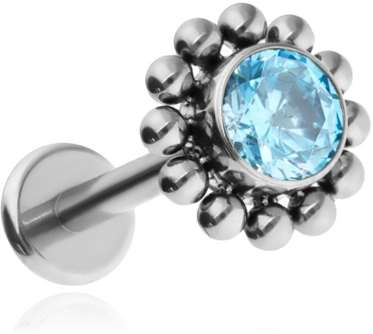 Onbekend Merk - Labret - Zilverkleurig - Blauwe Zirkonia - Titanium