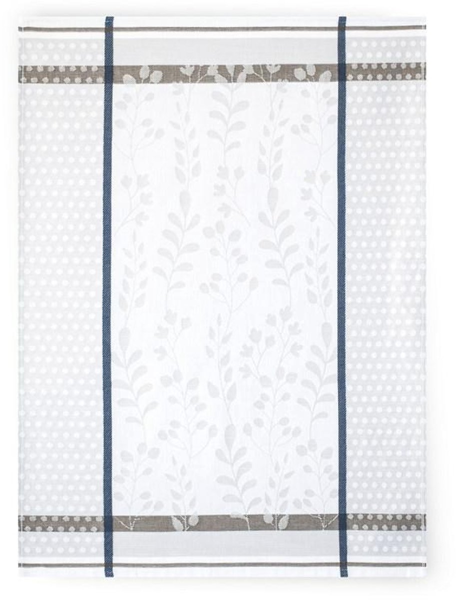 Zwoltex Flora Serie - Keukenhanddoek - 50x70 cm - Grijs met Bladeren en Stippen