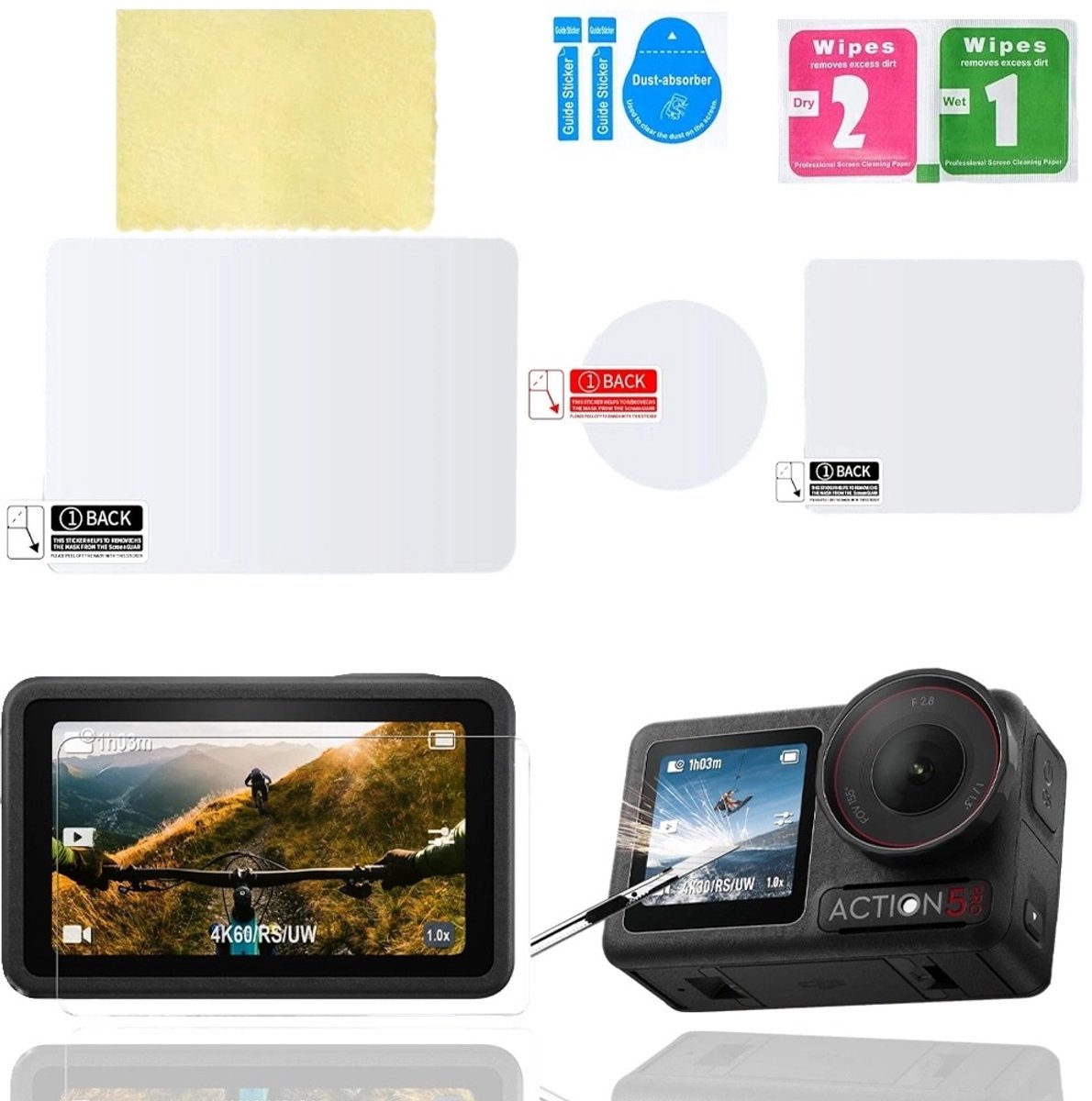 Telesin Screenprotector-set Glas DJI Osmo Action 5 - Voor Voor- & Achterscherm en Lens - Case Friendly - Gehard Glas - Transparant