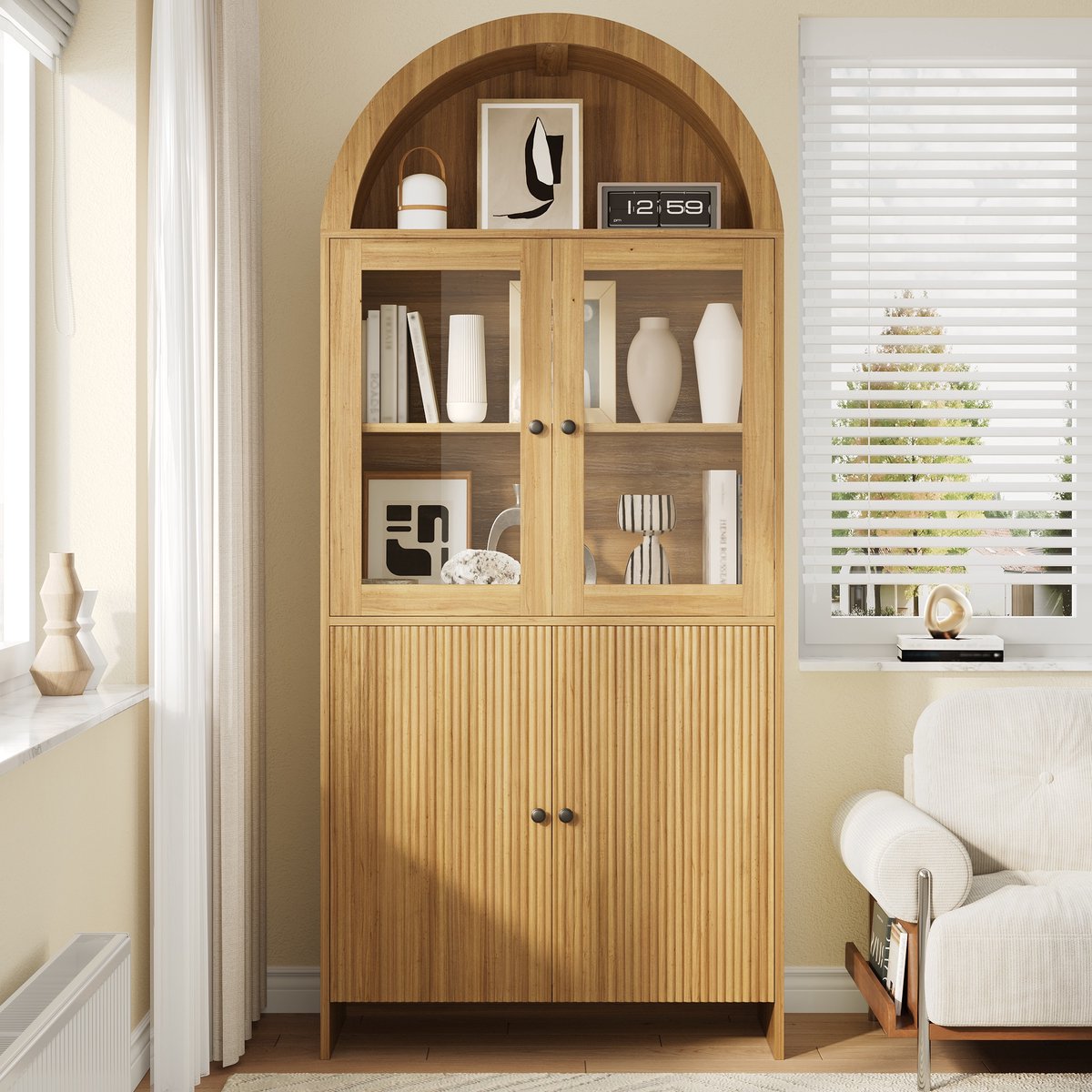 Wishdor - Sideboard - Gebogen Bovenkant - Glazen Deuren En Geribbelde Deuren - Modern - Woonkamer - Spaanplaat - Naturel - 78 X 40 X 176 Cm