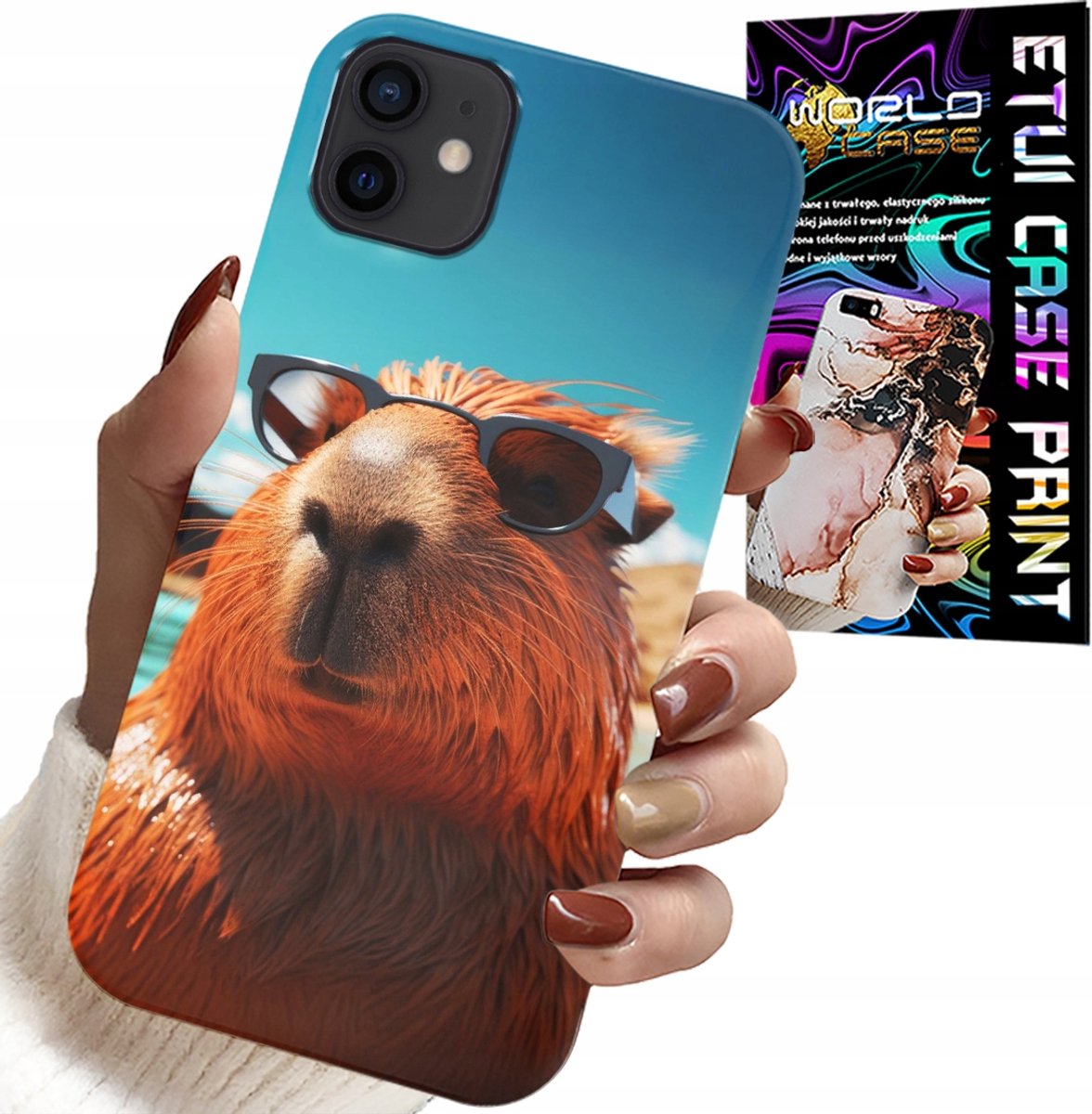 HOESJE VOOR IPHONE 13 MINI - ZOETE CAPYBARA, CAPIBARA-HOESJE + GLAS