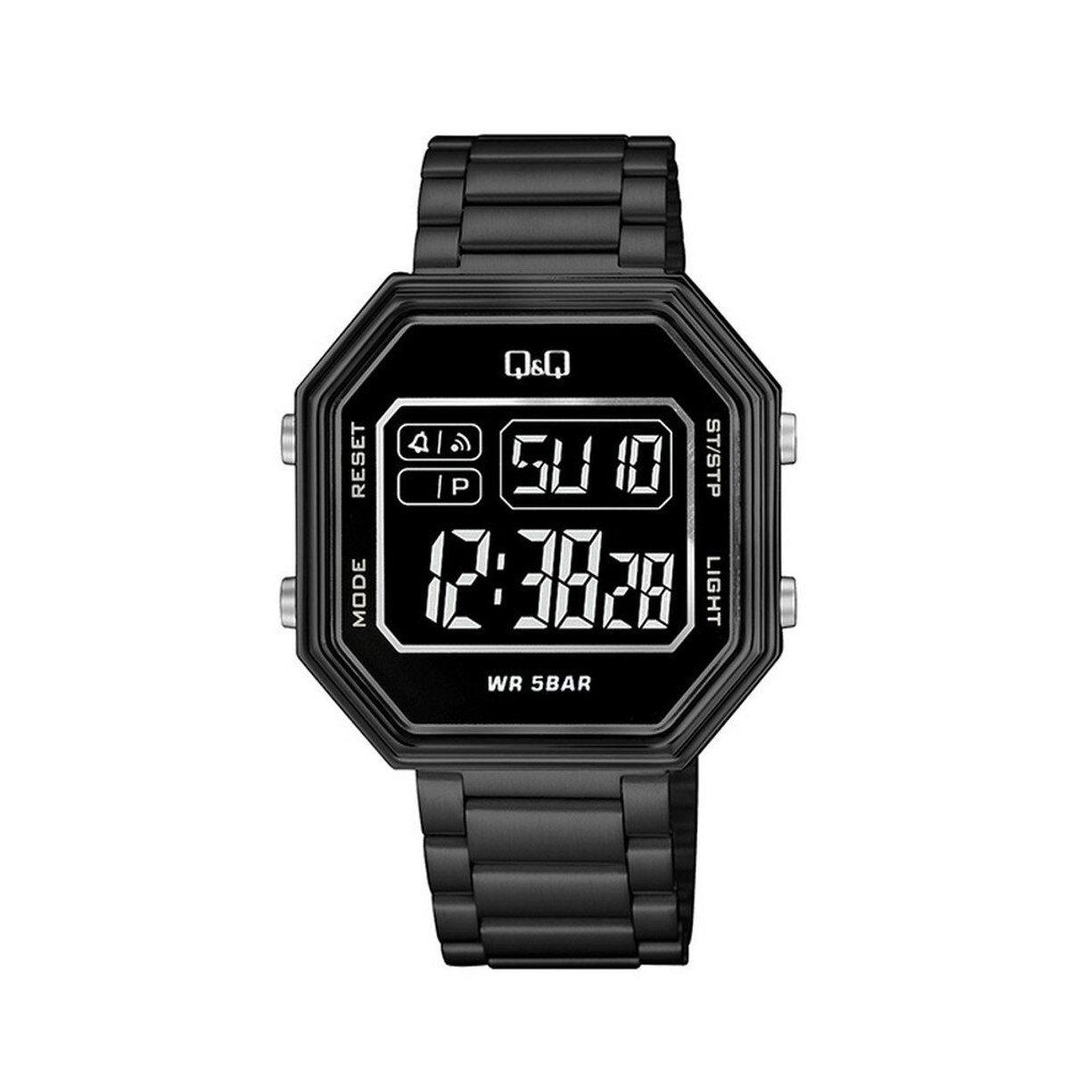 QQ M206J008Y - Horloge - Digitaal - Unisex - Stalen band - Achthoek - Metaal - Datumaanduiding - 100 jaar kalender - Stopwatch - Alarm - Tweede tijdzone - Backlight - Zwart - Transparant