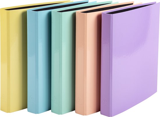 Rangée de cinq classeurs colorés : jaune, bleu clair, vert menthe, orange clair et violet.