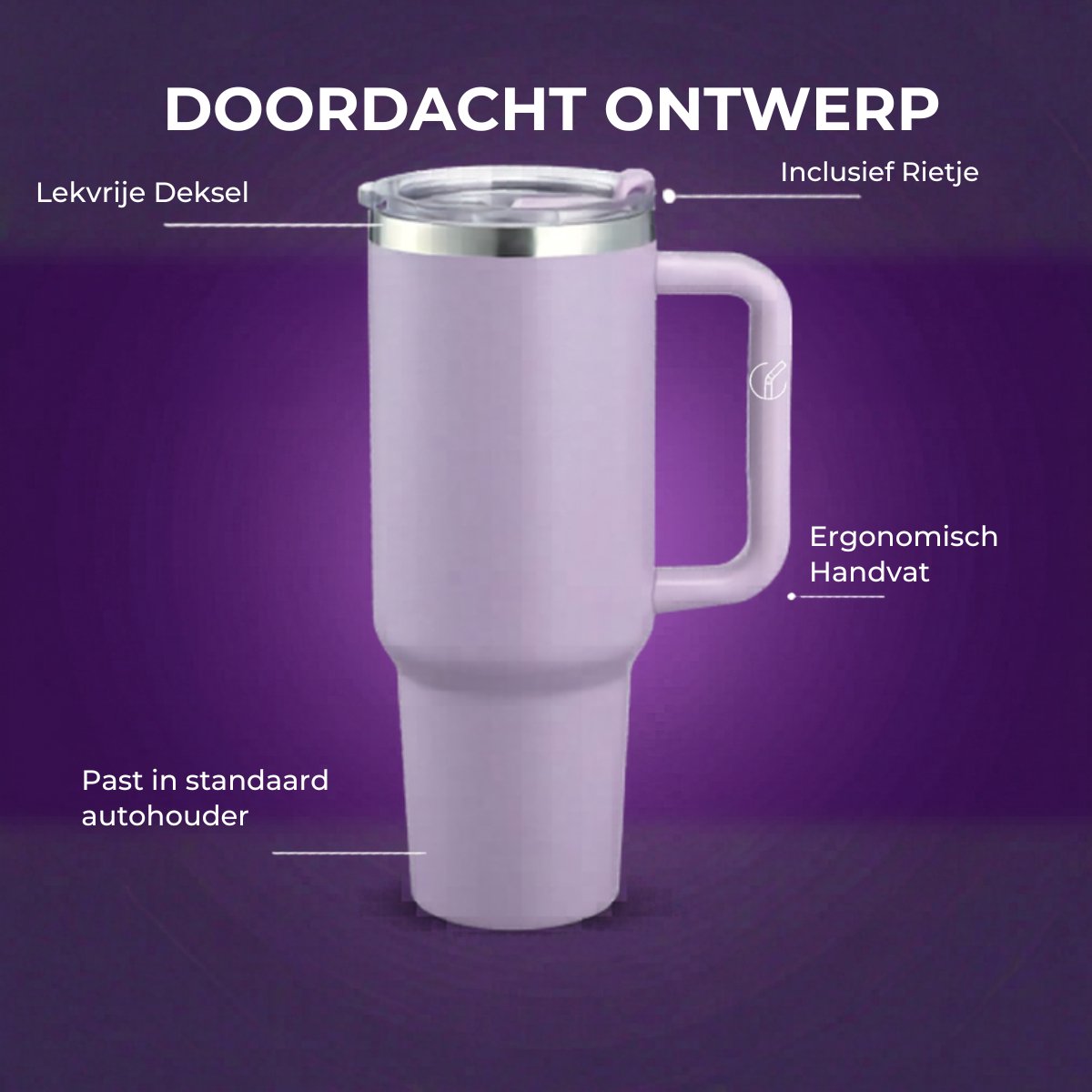 Thermosbeker 40 oz (1,2 Liter) met Rietje - RVS Tumbler - Lavender - Travel Mug - Isoleerbeker voor Koude en Warme Dranken - Lekvrij Design - Roestvrij Staal