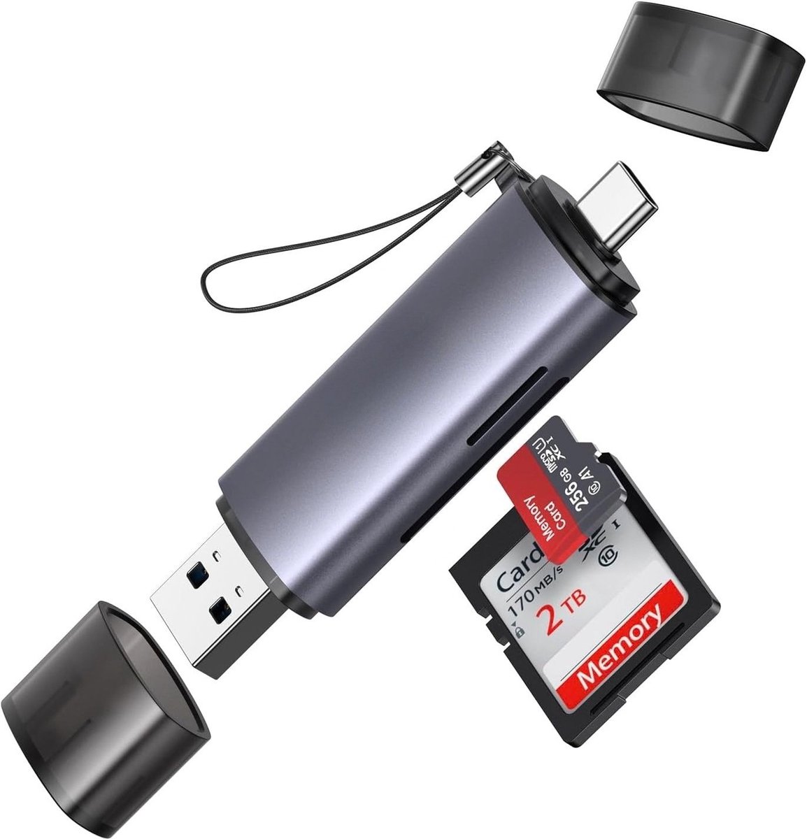 SNJY® SD Kaart Lezer - SD Card Reader - Kaartlezer - 2-in-1 TF en SD - USB-C & USB-A - Grijs