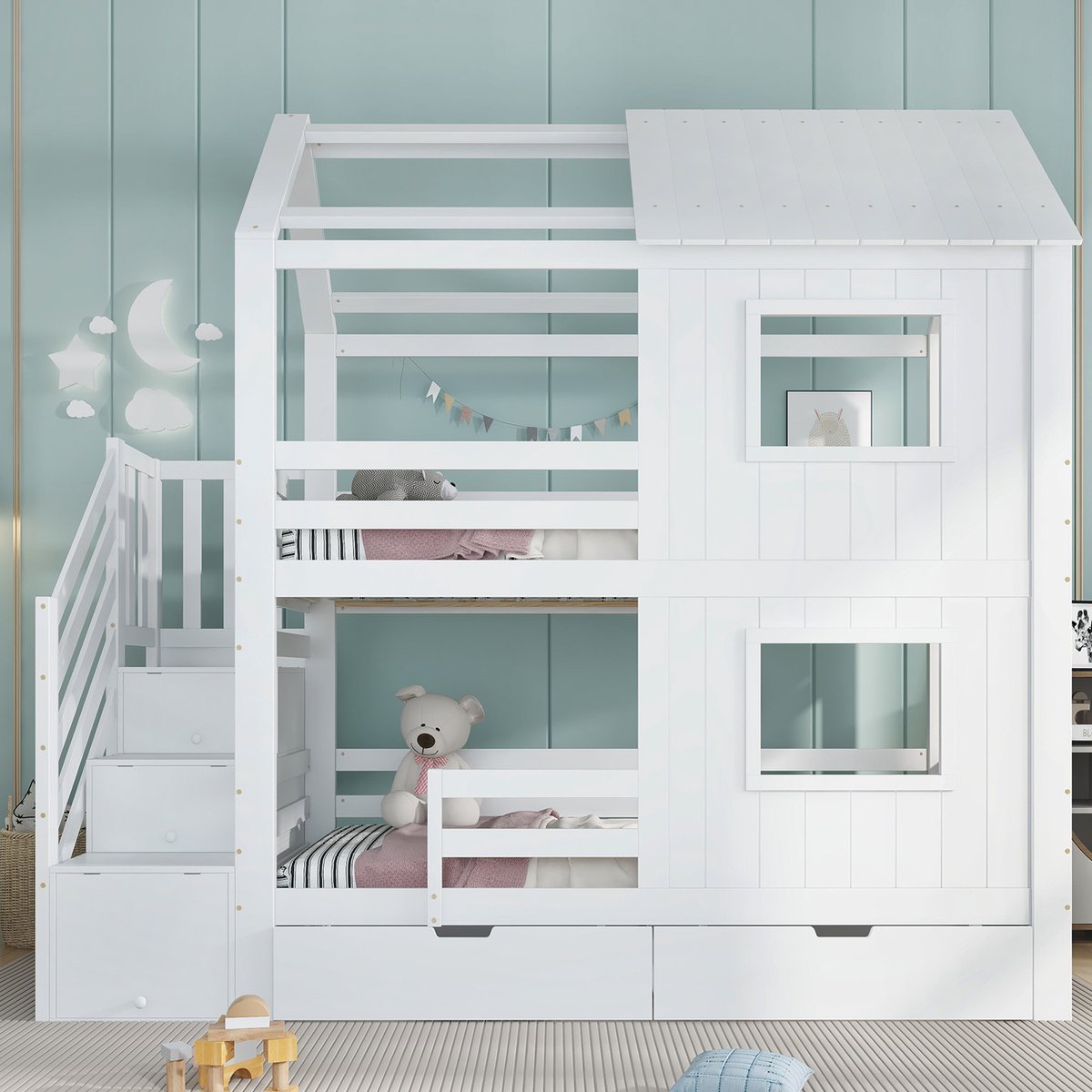 Rayofi 90x200cm Kinderbed Stapelbed - Opklapbed - Trapkast met opbergvakken - Opberglades op wieltjes - Mooie ramen en dak - Stevige luikframes - Grenen + MDF + Multiplex - Wit (matras niet inbegrepen)