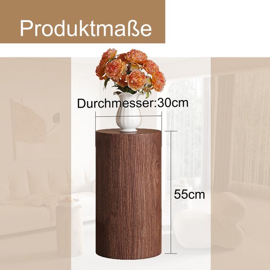 Walnoothouten bijzettafel met een diameter van 30 cm en een hoogte van 55 cm, met "Produktmaße".