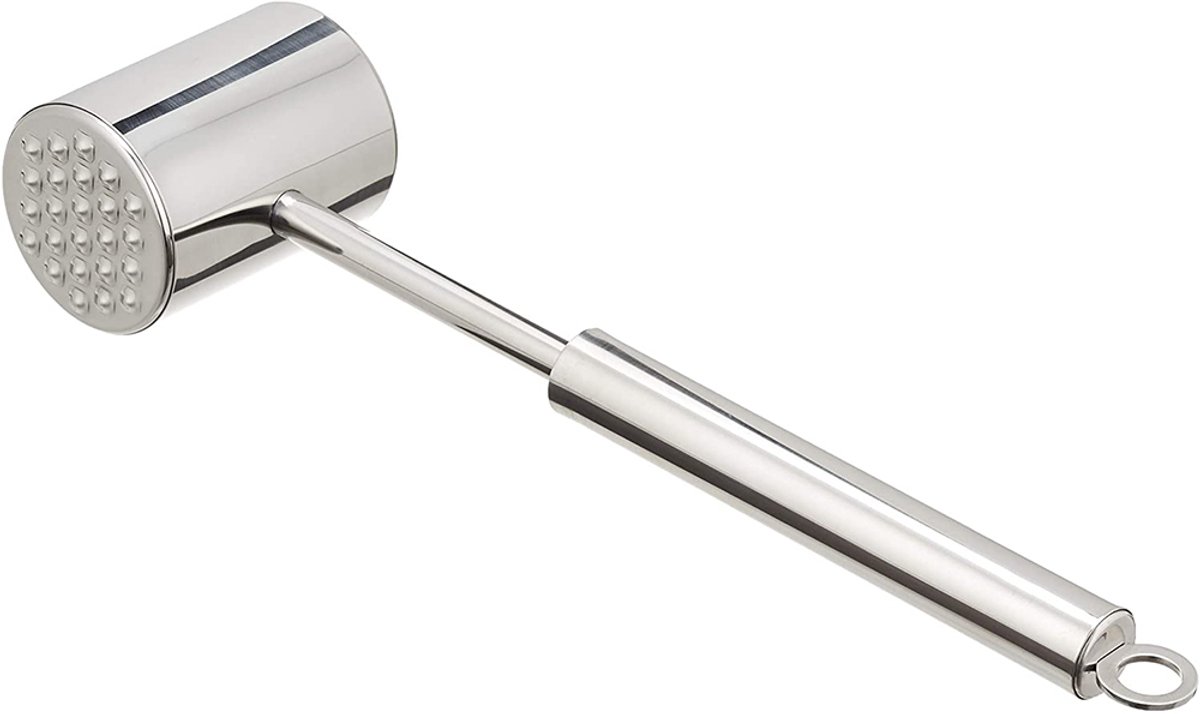 Oneay Deze ronde vleeshamer van 304 roestvrij staal is geschikt voor het mals maken van biefstukken, rundvlees en gevogelte. Hij heeft een robuuste constructie en een comfortabele grip