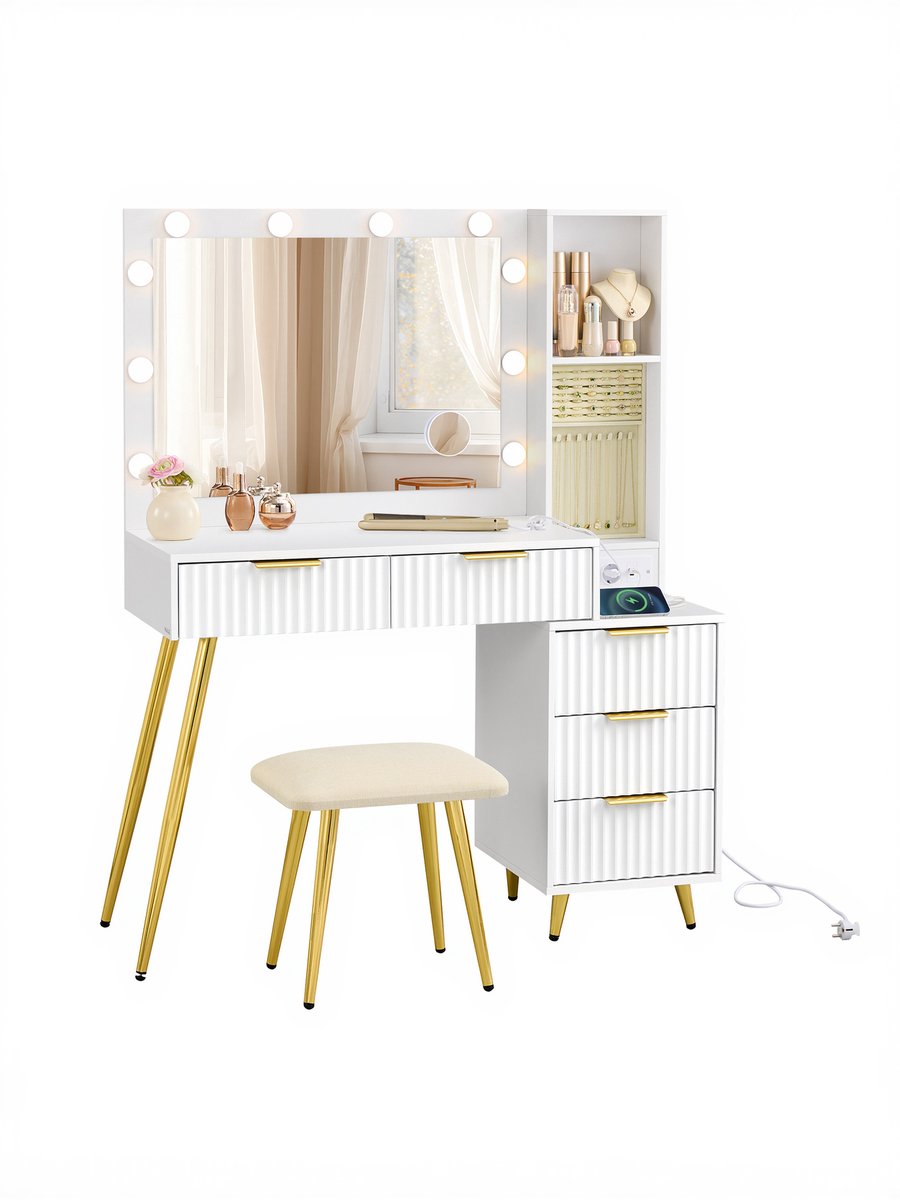 VASAGLE - Kaptafel - Make up tafel - Kruk - Spiegel - Lade - LED - Inclusief Spiegel - Oplaadstation