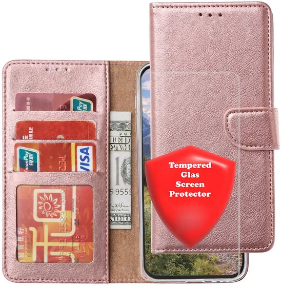 Étui portefeuille rose doré, ouvert avec cartes et argent, avec protecteur d'écran en verre placé.