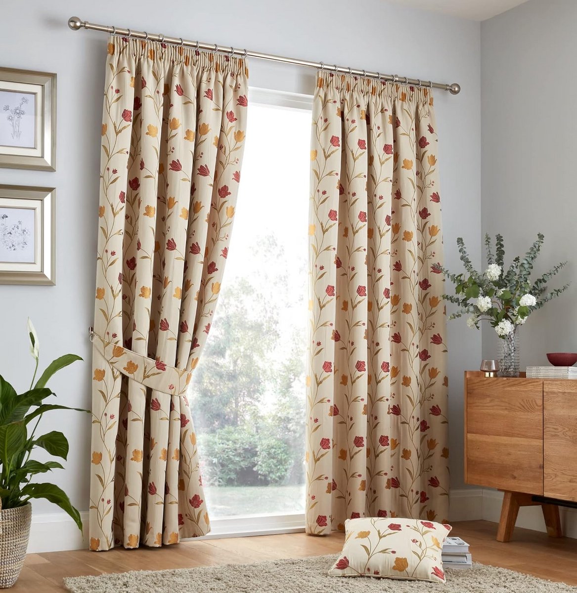 Paar Potlood Plooi Gordijnen 90" Breedte x 72" Drop in Naturel & Rood