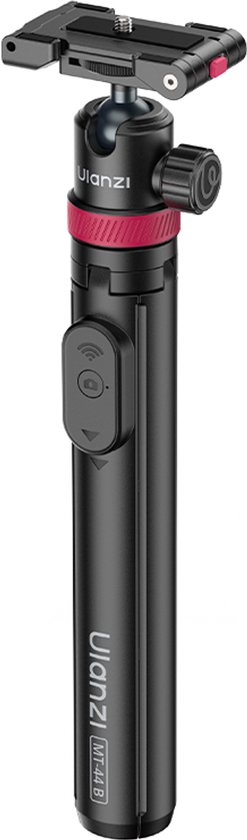 Zwarte Ulanzi MT-44 B selfiestick/statief met rode ring en knop. Afneembare Bluetooth afstandsbediening in handvat.