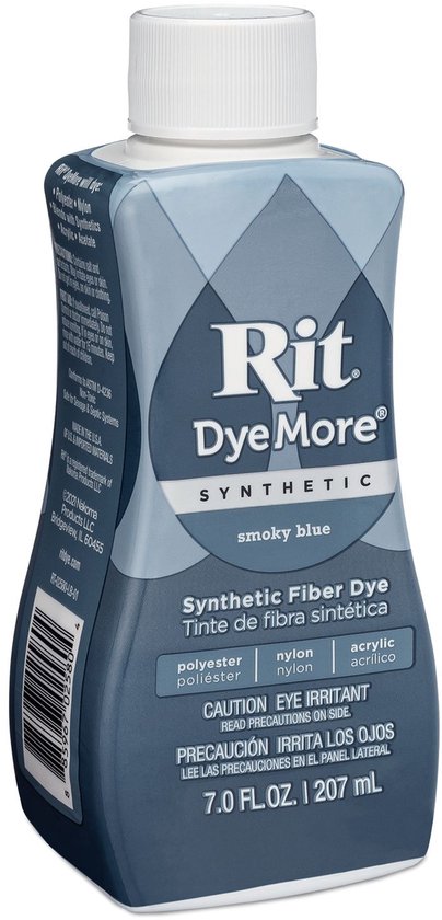 Achterkant van flesje Rit DyeMore Smoky Blue synthetische stofverf.