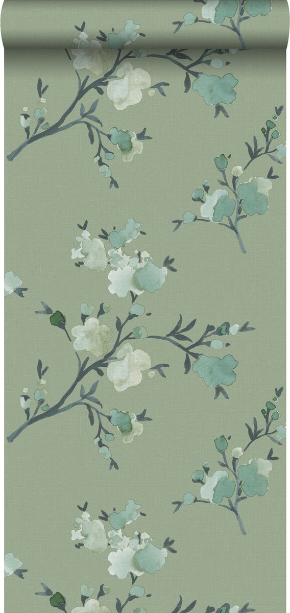 Proefstaal Walls4You behang bloemmotief vergrijsd groen - 26,5 x 21 cm - 935337-S