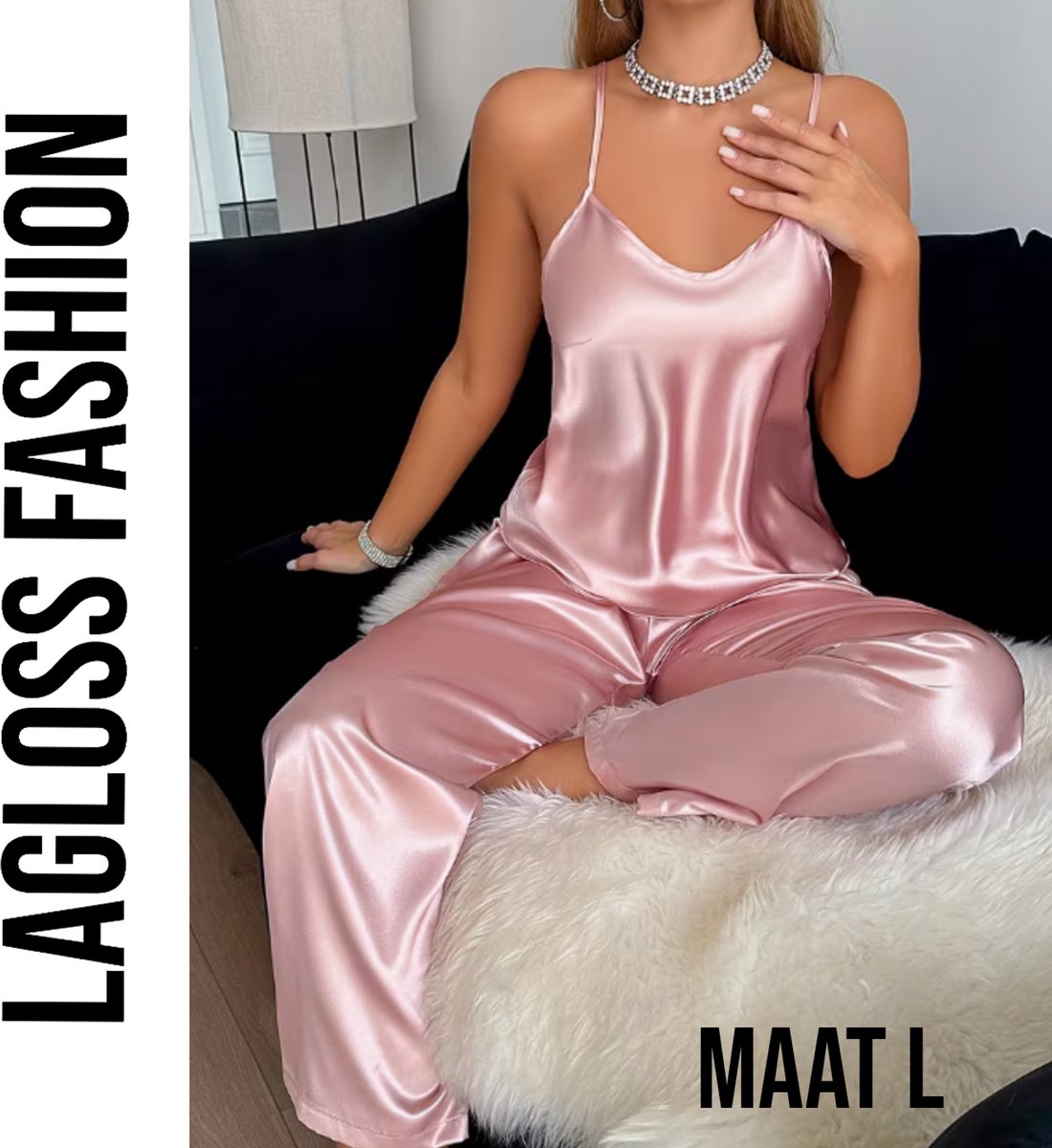 LaGloss® Roze Dames Pyjama Set – Camisole & Lange Broek Loungeset – Comfortabel – Nachtmode - Maat L