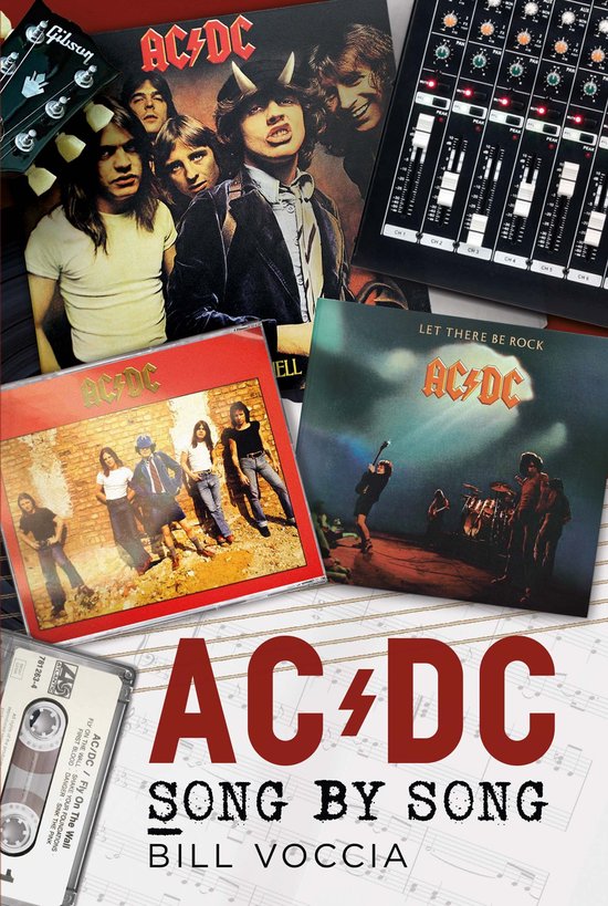 Boek 'AC/DC Song by Song' met dekkende hoes, elpee en cassette. Gevuld met AC/DC-covers en bandfoto's.