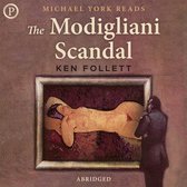Boekhoes met de titel 'The Modigliani Scandal' door Ken Follett. Een man kijkt naar een schilderij van een naakte vrouw.