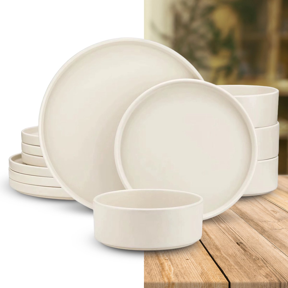 Luxe Serviesset – 12 delig – 4 persoons – Steengoed - Bordenset – Dinner platen – Dessertborden - Kommen - Crème Wit