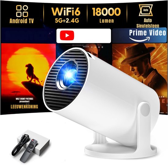Draagbare mini beamer wit Zyrex® met Android 11, WiFi 6, Bluetooth 5.2, korte projectie, 180° rotatie